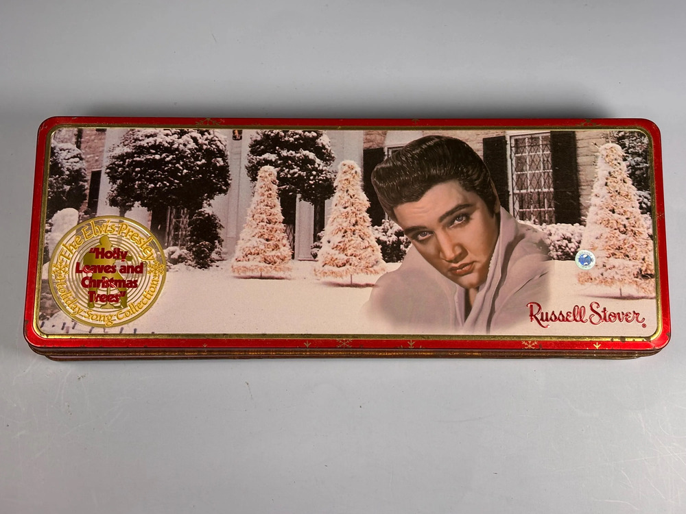 Elvis Presley Russell Stover Christmas Candy Tin Collectible 1999 Vintage 12x5”